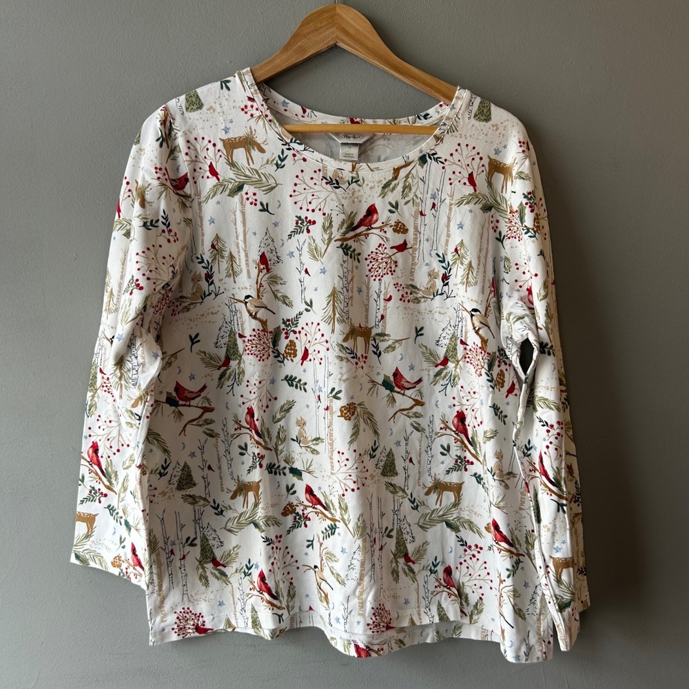CJ Banks Womens 1X Winter Woodland Cardinal Deer Print Long Sleeve‎ Top White